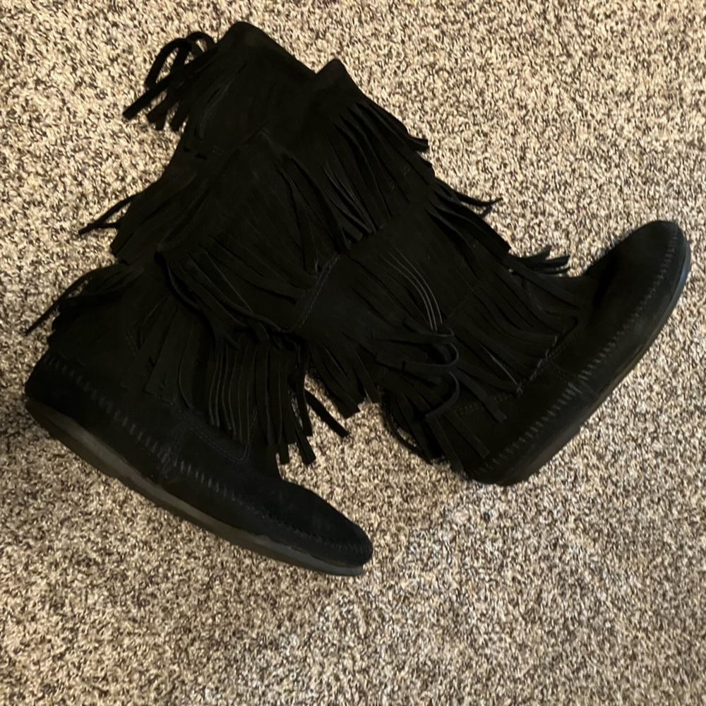 Minnetonka “Moccasin” Black Fringe Boots